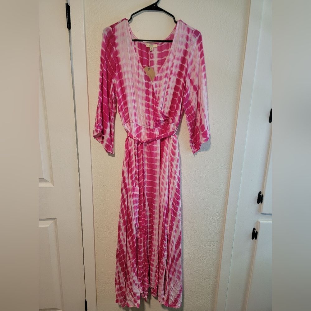 Kori Pink Tie Dye Boho Vneck Belted Maxi Dress Medium